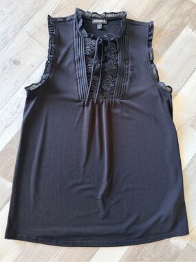 Express Black Lace-Inset Ruffle Trim Sleeveless Blouse